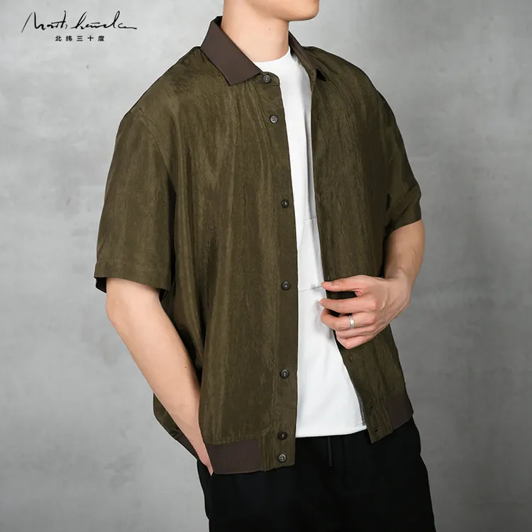 北纬三十度设计师男装夏季醋酸垂顺高级丝滑百搭凉感短袖衬衫