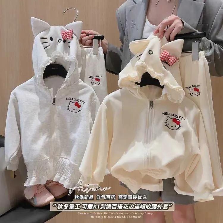 可爱kitty连帽卫衣宽松宝宝秋季开衫设计别致上衣长袖洋气亲子装