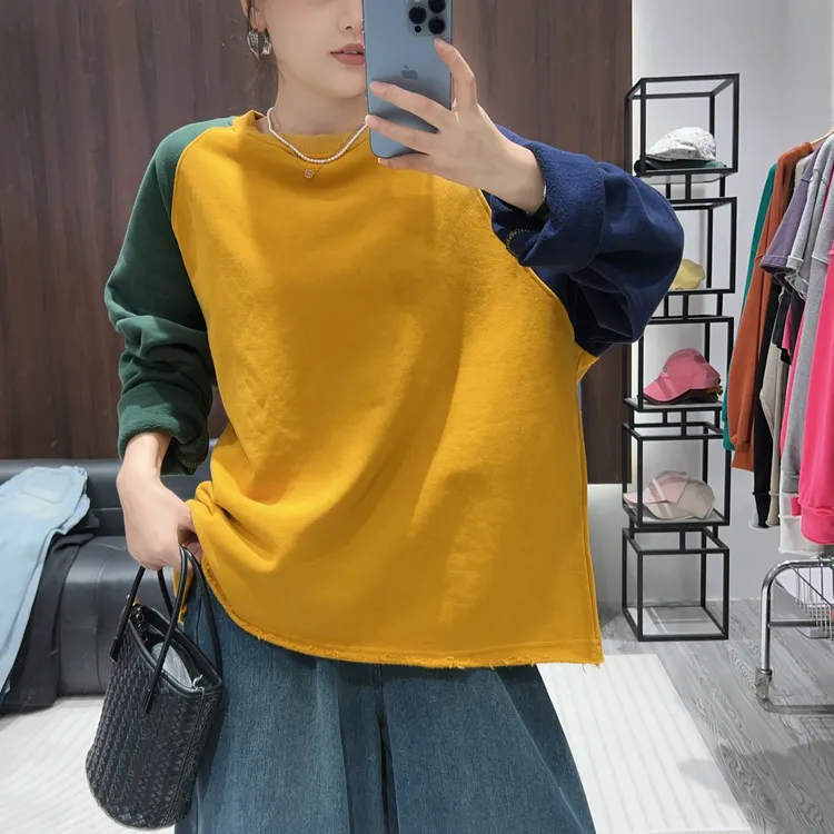 【净版拼接撞色】秋冬新款宽松时尚百搭套头毛边插肩袖休闲加绒卫衣
