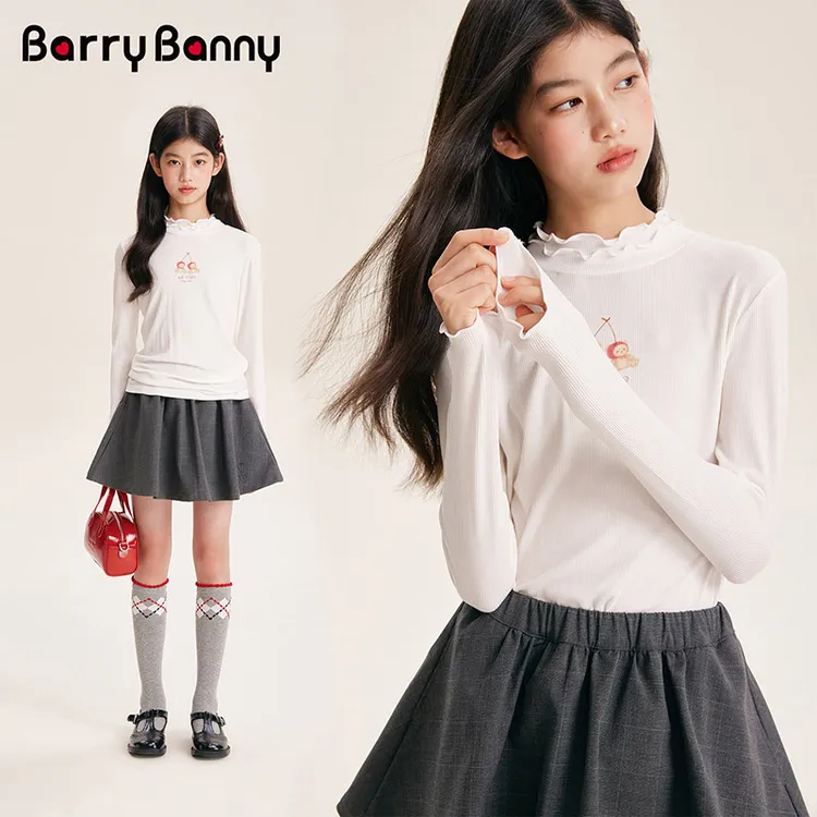 BarryBanny女童打底衫2025春秋款T恤花边领薄款长袖儿童休闲上衣