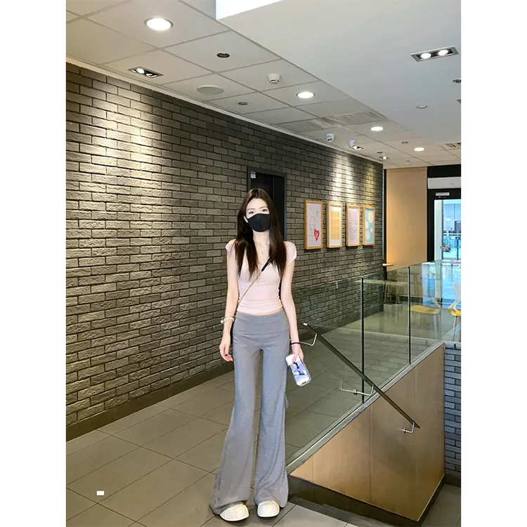 简约纯色正肩短袖上衣女2025夏季新款高腰直筒显瘦休闲长裤两件套