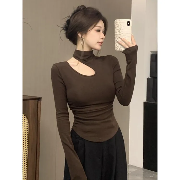 大码胖mm镂空露锁骨半高领打底衫女显瘦修身气质T恤长袖辣妹上衣