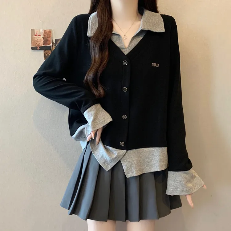 设计感假两件翻领长袖针织衫女秋季大码胖mm显瘦遮肚子打底衫上衣