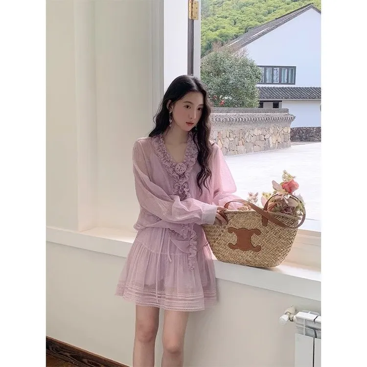 202525三件套香浮花月法式荷叶边长袖衬衫女夏季慵懒感宽松雪纺套