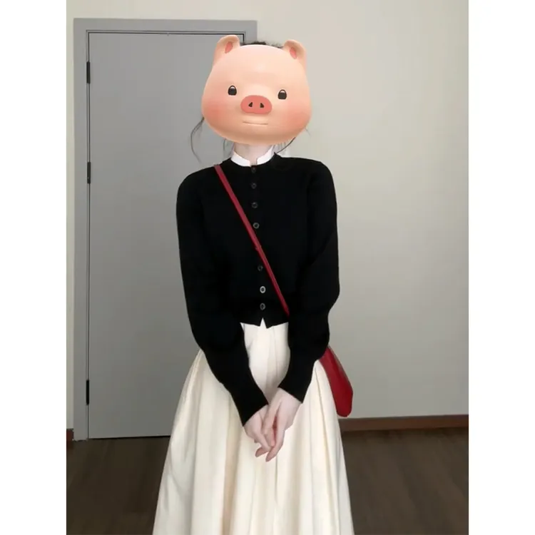 2025秋季韩女宽松圆领长袖毛衣开衫高腰显瘦A字半身裙套装X11373