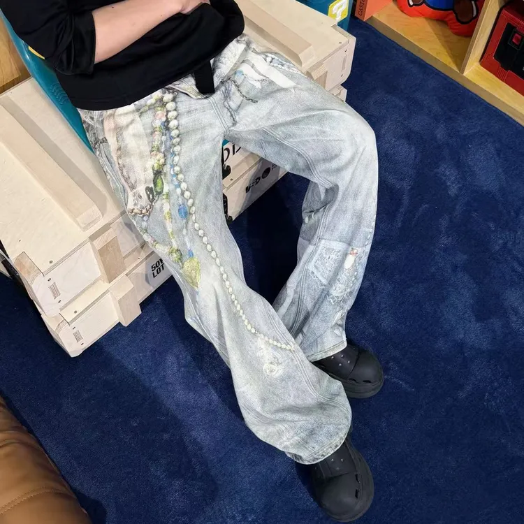 【GD系列】珍珠链条扎染重工3D数码印花美式高街微喇牛仔裤903-10