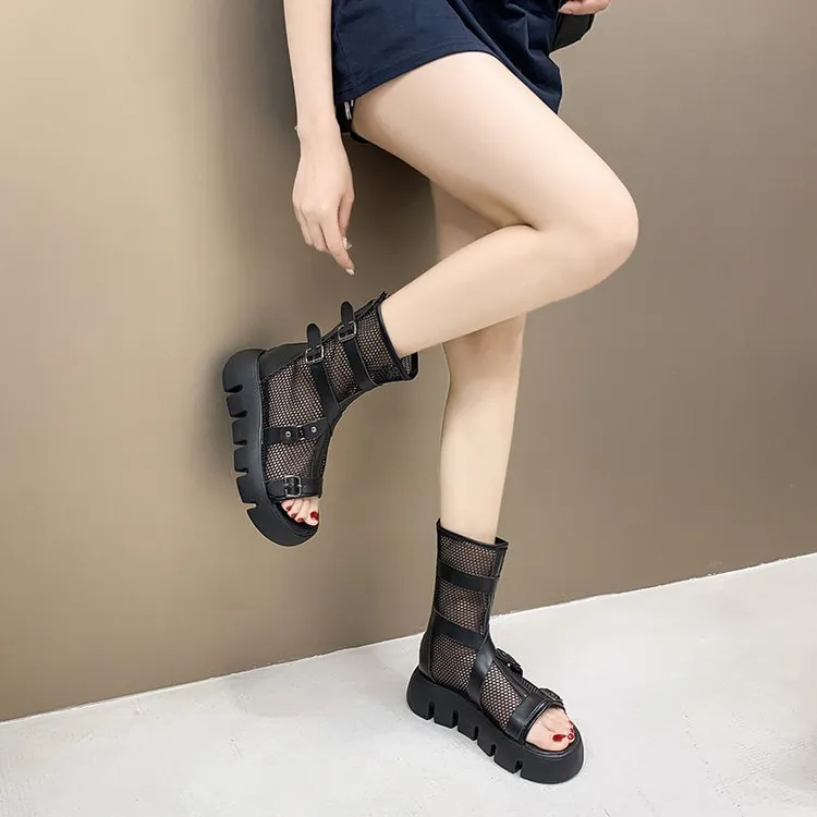 2025夏季爆款轻奢鱼嘴女透气网面高帮网纱马丁靴厚底软底轻便小众