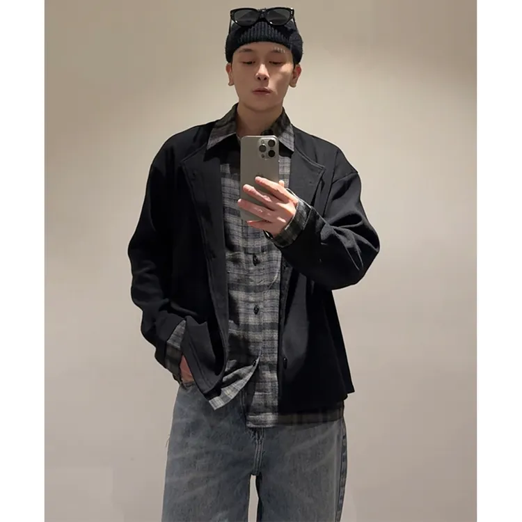 MBH |TWOFAKES秋冬老钱风假两件拼接人夫感格纹衬衫领针织衫外套