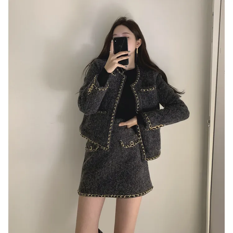 大码女装秋冬新款胖mm显瘦名媛小香风套装呢外套半身裙毛呢两件套