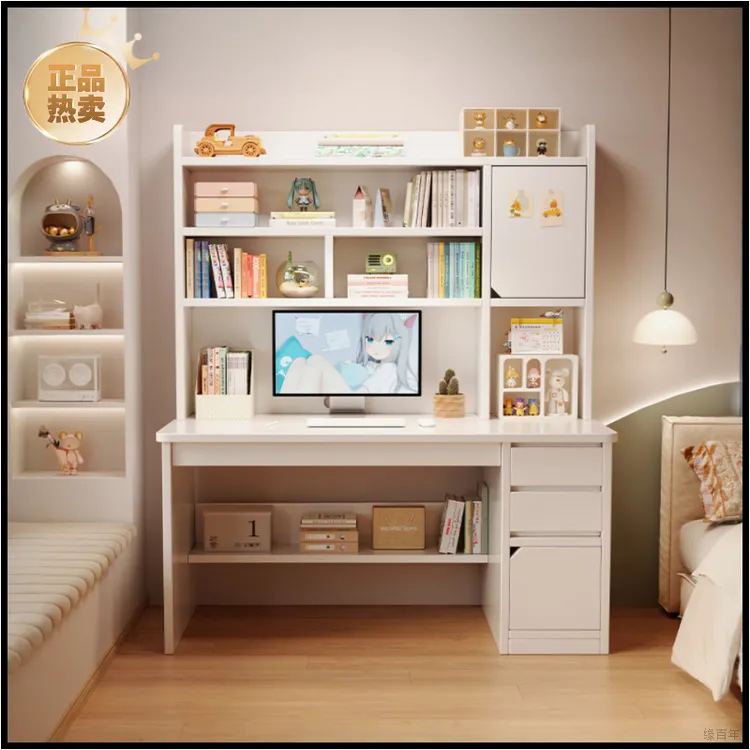 书架书桌一体桌带书柜组合卧室学生学习桌写字桌子家用台式电脑桌