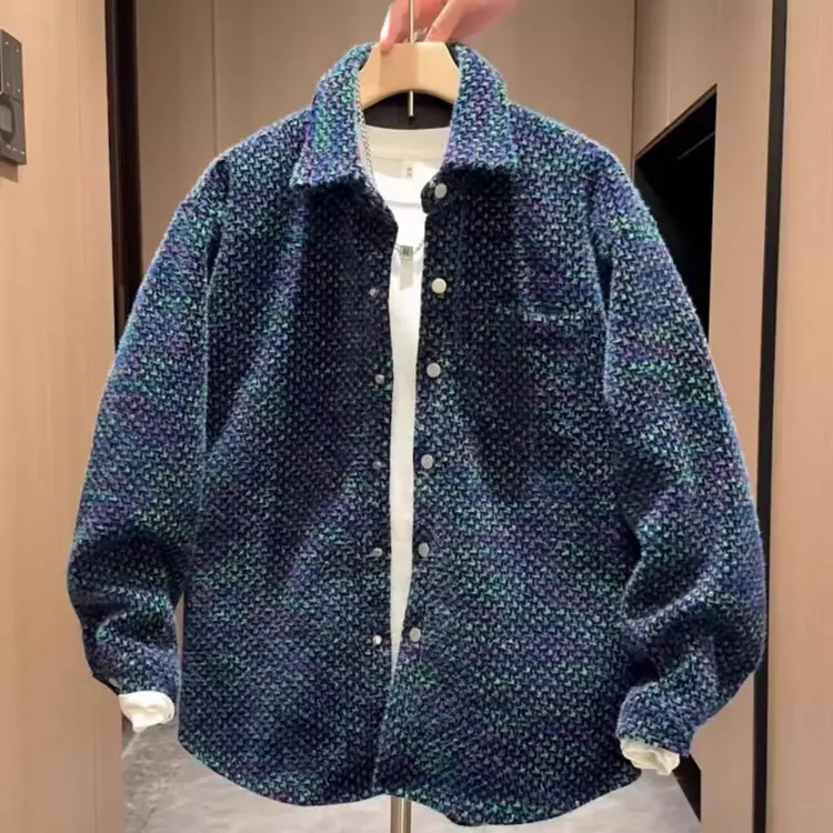 2025秋冬季新款男小香风编织衬衫外套时尚轻奢燕尾式百搭休闲上衣