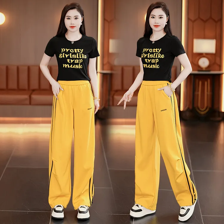 时尚休闲套装女2025夏季新款爆款短袖T恤显瘦运动宽松卫裤两件套