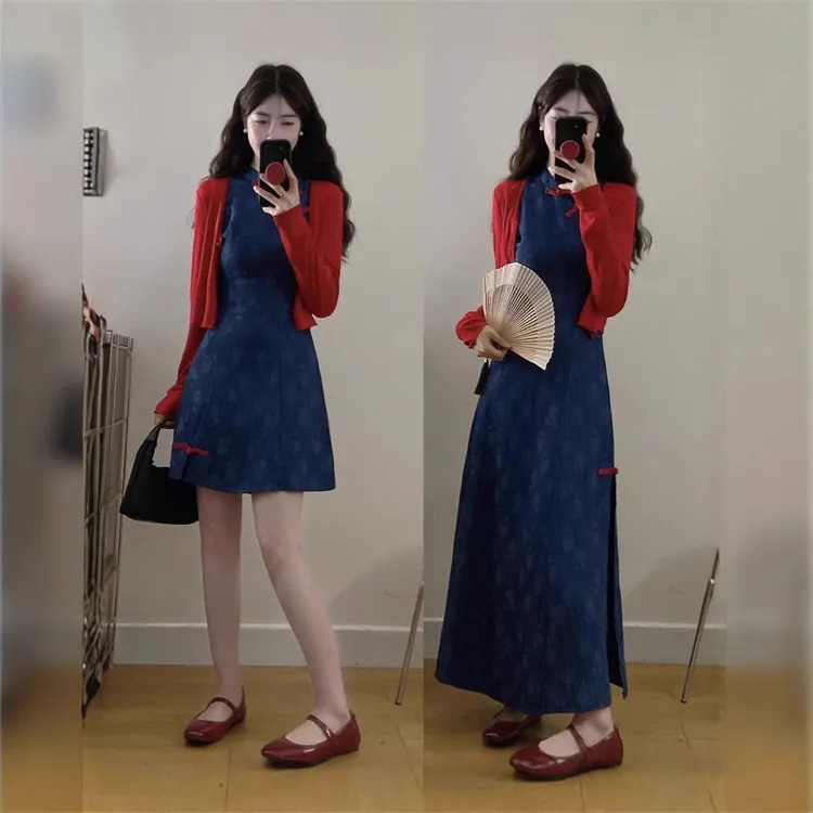 2025年新款新中式改良旗袍连衣裙背心裙+针织上衣时尚上衣套装女