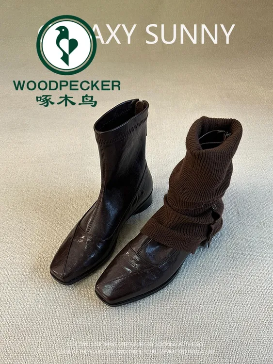 啄木鸟时尚气质方头低跟瘦瘦靴女复古通勤百搭后拉链增高马丁靴
