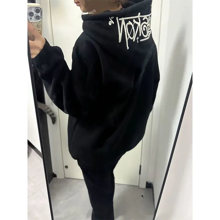 情侣oversize高街小众外套美式刺绣设计感连帽卫衣男秋冬加绒保暖
