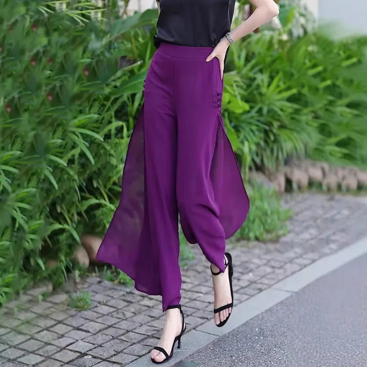 雪纺紫色裤子女夏薄款2025新款小个子九分裤高腰宽松慵懒风阔腿裤