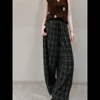 【玫瑰缘】欧货设计师款百搭显瘦时尚网红休闲格子宽松阔腿弯刀裤