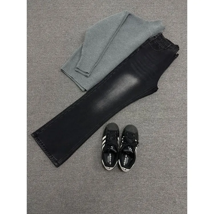 cleanfit黑色加绒牛仔裤男款秋冬季美式vibe风裤子高街直筒微喇裤
