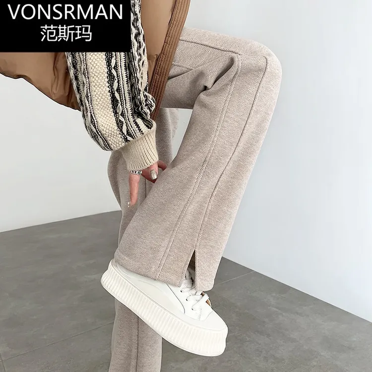 燕麦色裤子女秋冬2025新款高腰直筒加厚毛呢开叉人字纹加绒阔腿裤