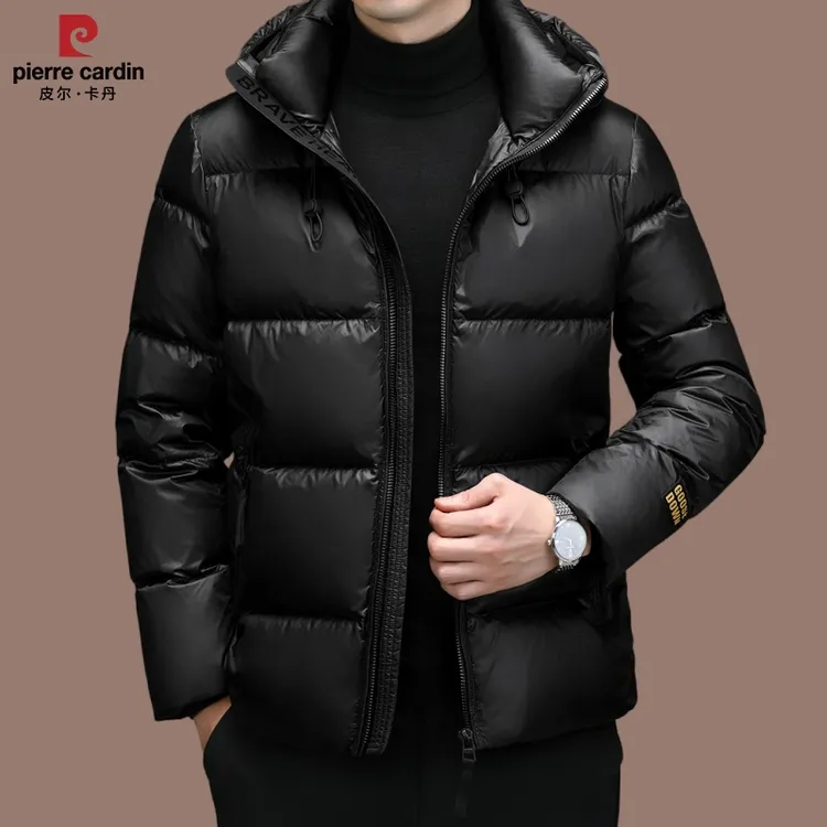 【皮尔卡丹】白鸭绒男士羽绒服连帽短款加厚防寒服高档潮流黑金外套