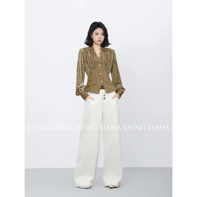 「春色撩人」金丝绒开衫衬衫女法式轻熟风长袖提花衬衣HBZC641156