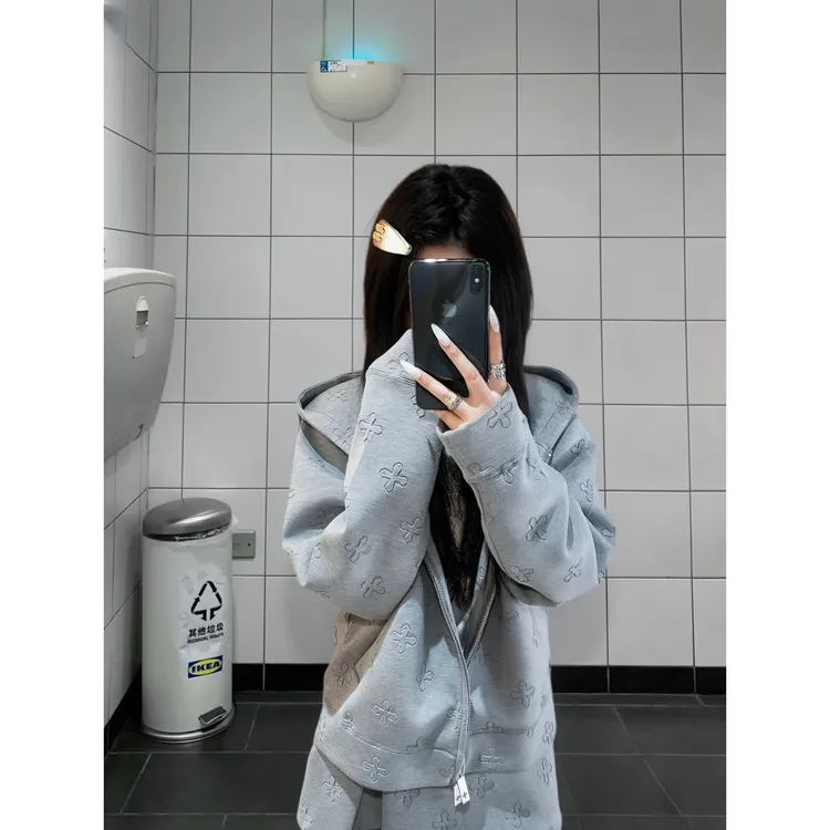 HIPA单品店空气压花卫衣外套女秋季拉链美式hiphop高街ins衣服