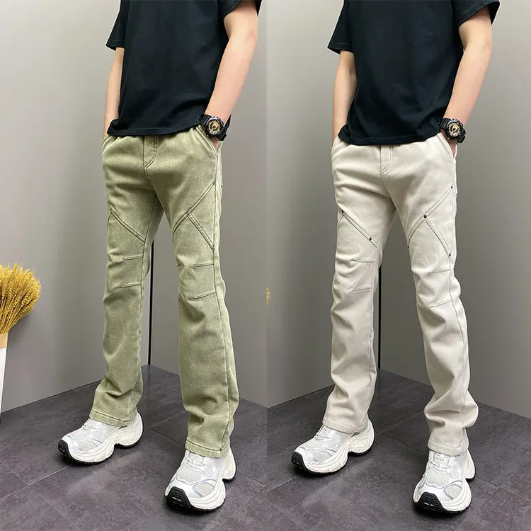 加绒原创爆款冬季纯色铆钉高级设计感青年男士休闲牛仔喇叭裤子男