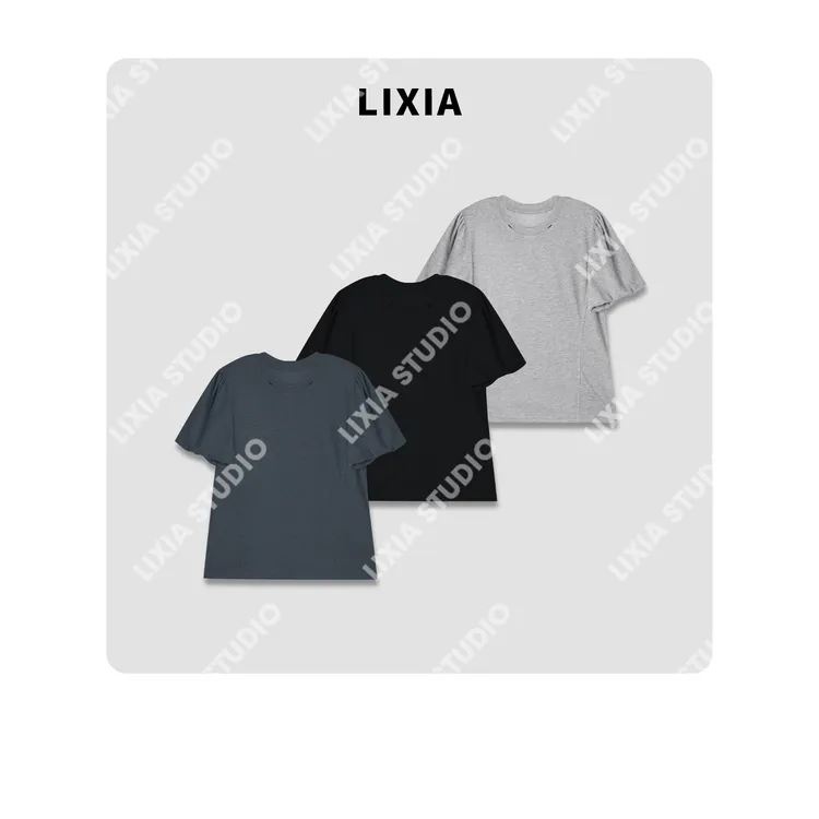 LIXIA【温柔时光】简约个性设计款明线打底圆领短袖T恤-D7639