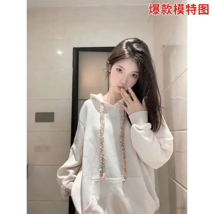 2025慵懒风长袖中长款连帽卫衣上衣宽松设计感时尚百搭韩版潮流