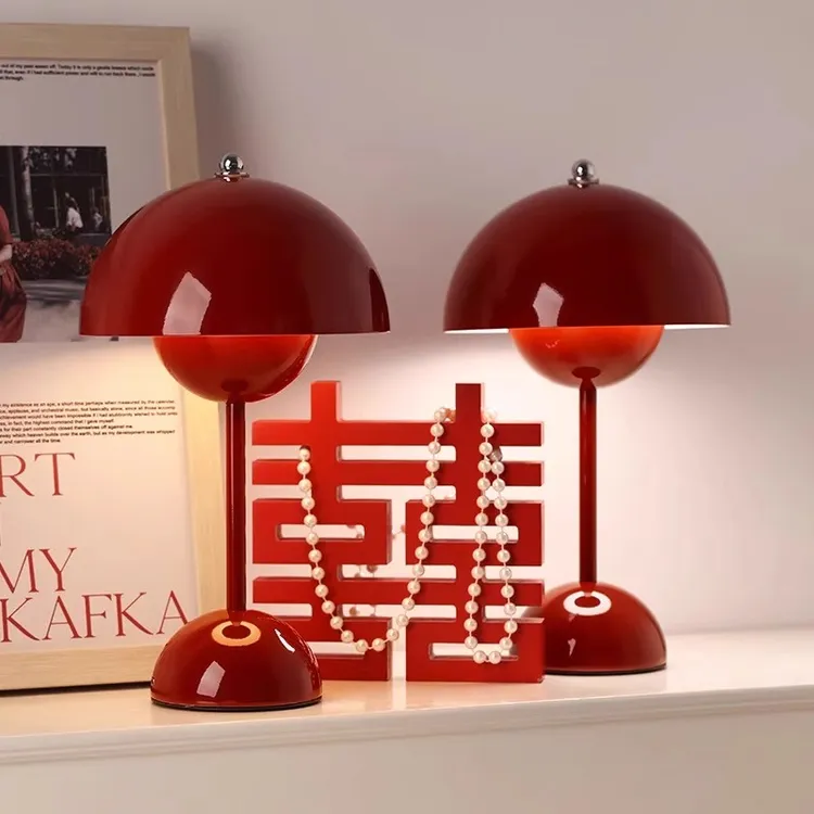 台灯红色花苞灯陪嫁长明灯结婚一对丹麦复古蘑菇灯高级卧室床头灯