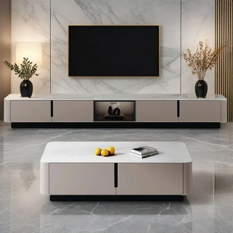 2025新款实木落地岩板茶几电视柜组合客厅家用电视机柜轻奢高级感