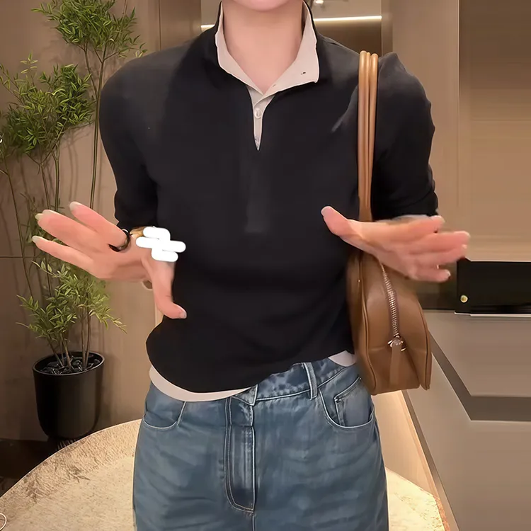 法式老钱风翻领针织衫女冬春新款高级感气质内搭假两件polo领毛衣