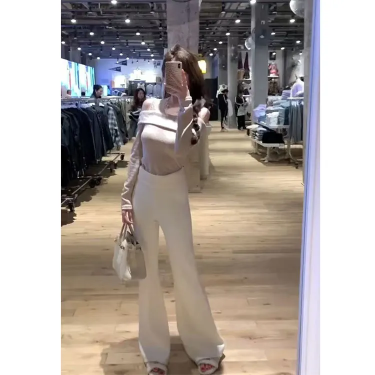 2025早春纯欲蕾丝拼接假两件长袖针织 T恤女上衣高腰长款裤子套装