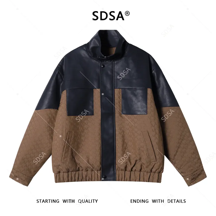 SDSA男士秋冬新款痞帅男装美式撞色拼皮立领夹克棉服百搭时尚外套