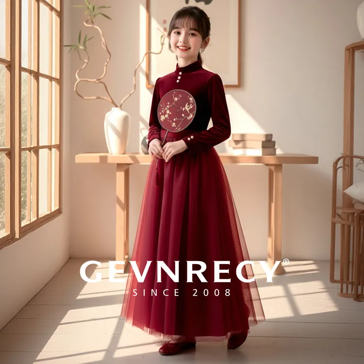 儿童礼服秋冬高端丝绒网纱女童生日公主裙儿童舞台主持钢琴演出服
