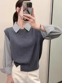 女毛针织衫藏青色女款针织通勤衫衬衫假两件长袖休闲