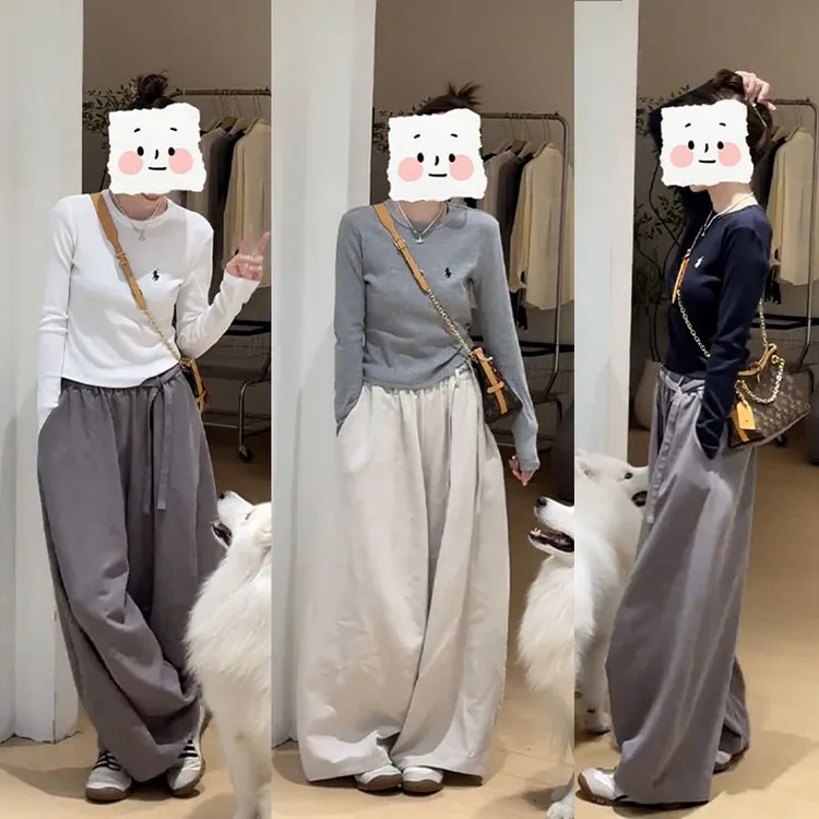 韩系2025新款时尚早秋韩系简约显瘦刺绣百搭长袖阔腿裤穿搭两件套