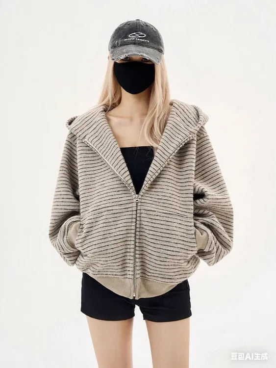 美式复古2025早秋新款条纹拉链开衫连帽卫衣男女情侣外套百搭上衣