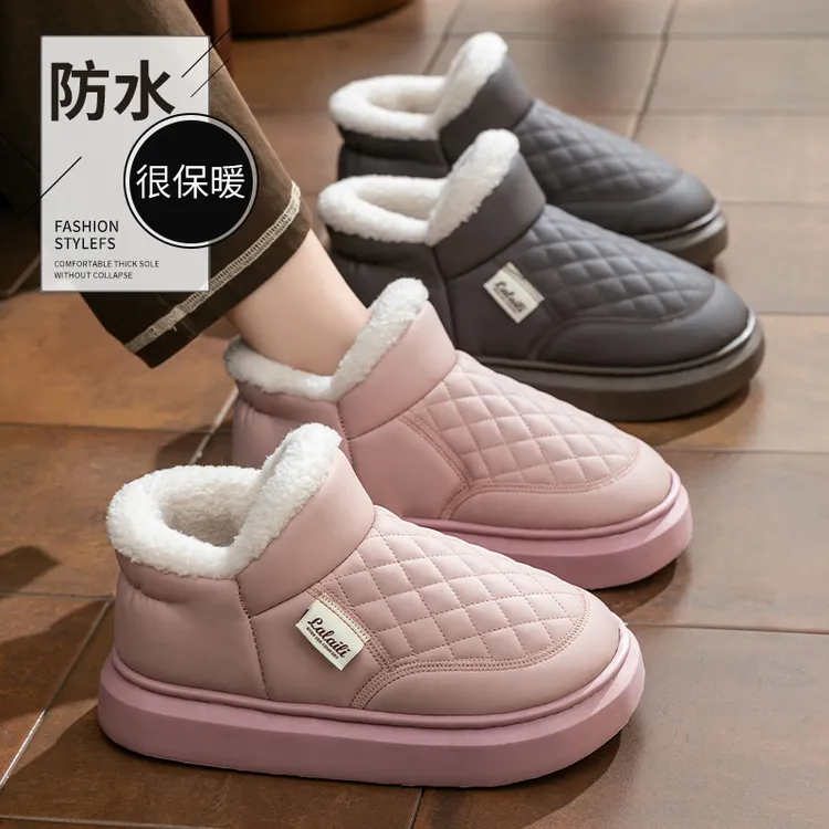 足康乐冬季外穿防水毛绒包跟棉鞋情侣2025新款居家保暖防滑棉拖女