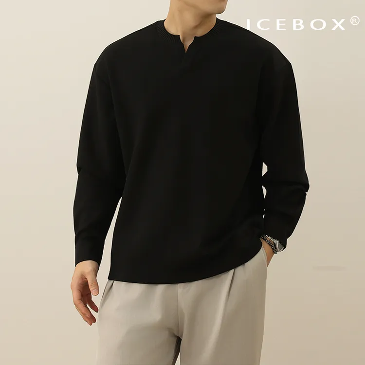 ICEBOX【竹絮棉】新贵老钱风男士亨利领长袖纯色百搭休闲落肩袖卫衣