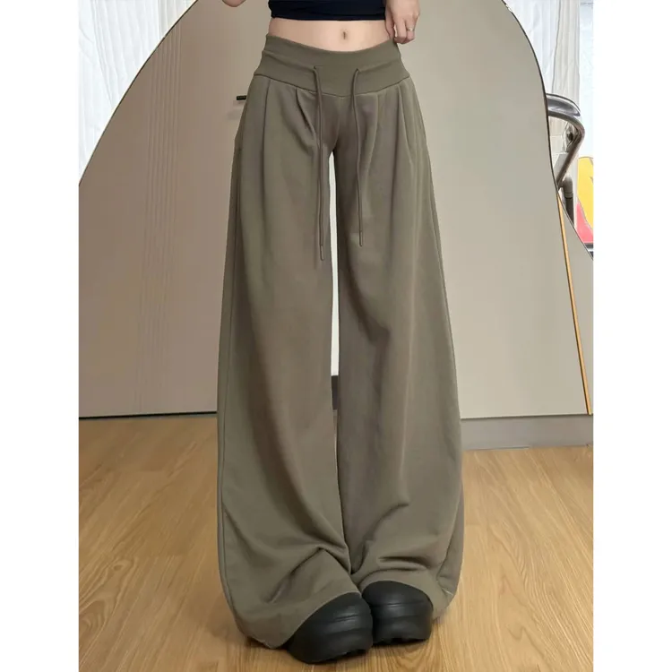 美式复古宽松阔腿裤女秋2025新款低腰抽绳休闲卫裤慵懒垂感运动裤