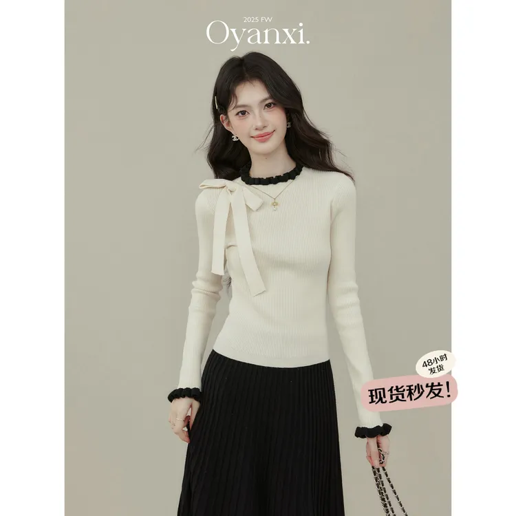 欧阳喜《柔光回忆》蝴蝶结系带针织衫打底衫2025秋季新款内搭上衣