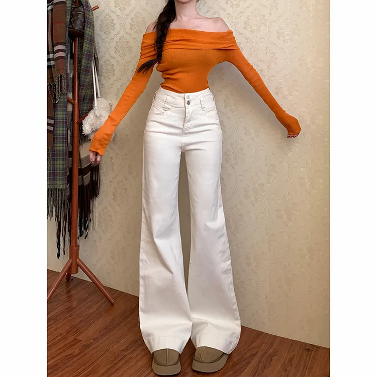 米白色不贴腿微喇牛仔裤女2025年秋季新款高腰百搭显瘦显高长裤