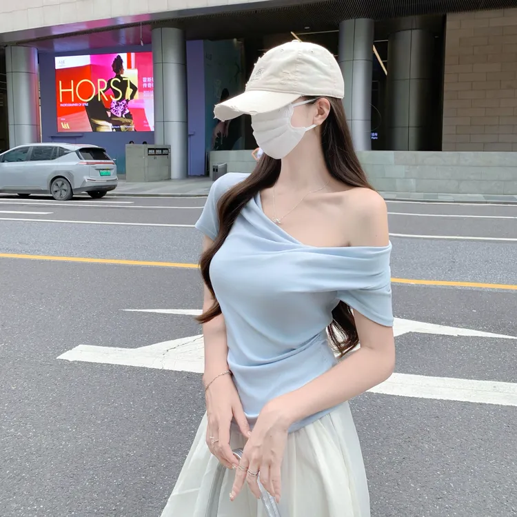 蓝色荡领短袖设计感T恤女夏季新款收腰修身显瘦性感百搭上衣