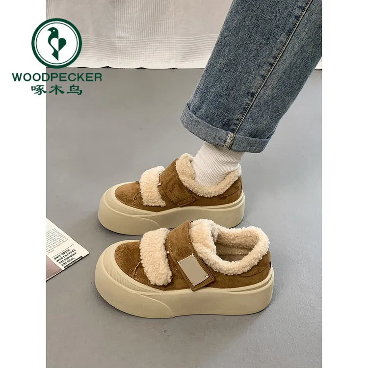 啄木鸟加绒勃肯鞋女2025年冬厚底增高魔术贴休闲德训鞋毛毛雪地靴