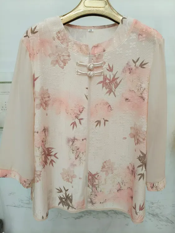 时尚宽松型碎花圆领中老年女装外套立领连衣裙百搭衬衣开衫