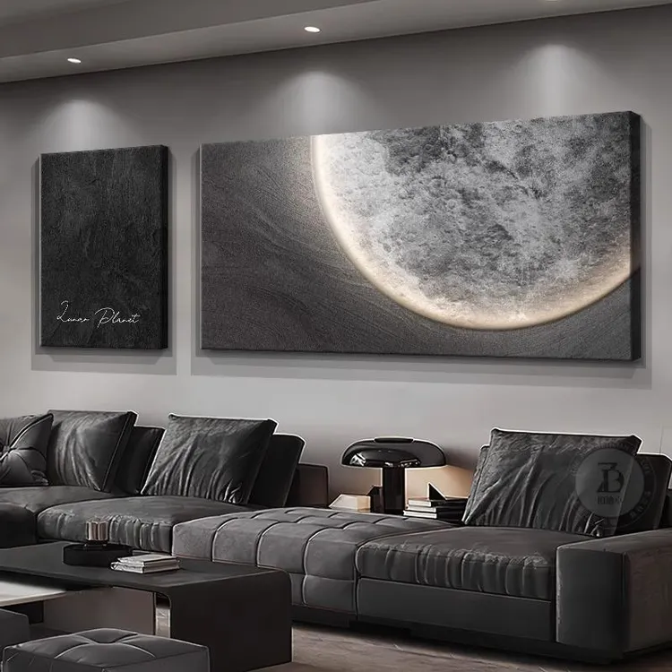 侘寂风客厅装饰画肌理高级感月球双联壁画现代轻奢沙发背景墙挂画