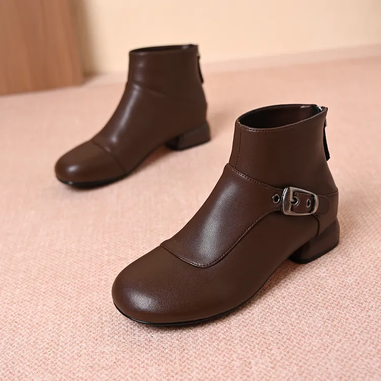 头层牛皮圆头复古港风女秋冬低跟皮带扣加绒女休闲粗跟后拉链短靴