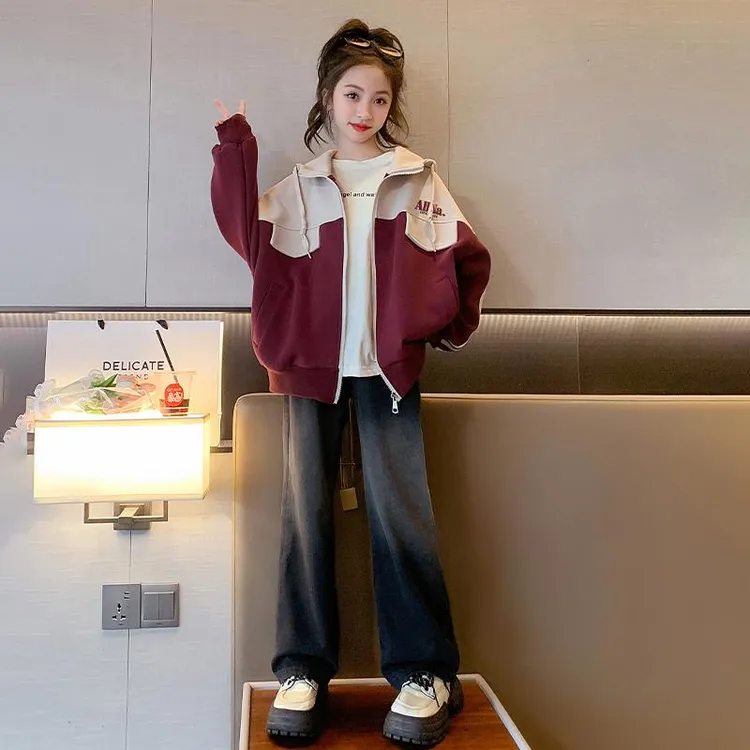 女童外套秋装2025新款春秋款儿童中大童秋季字母拼接连帽洋气上衣