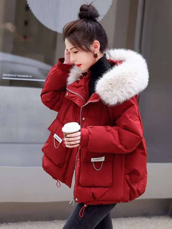 羽绒棉服女短款过年战袍小个子厚保暖大毛领棉衣棉服棉袄外套冬季